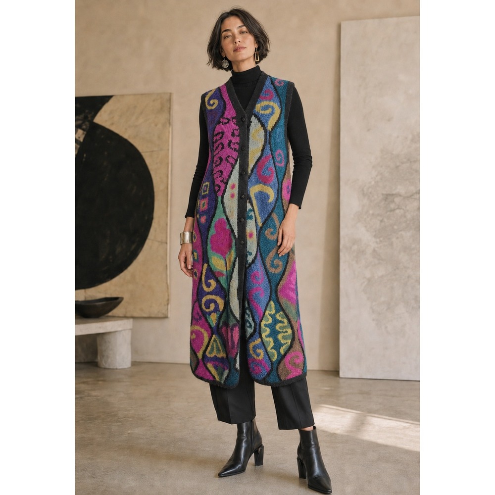 Peruvian Connection 100% Alpaca Longline Sweater Vest Abstract Intarsia XL - Picture 1 of 8